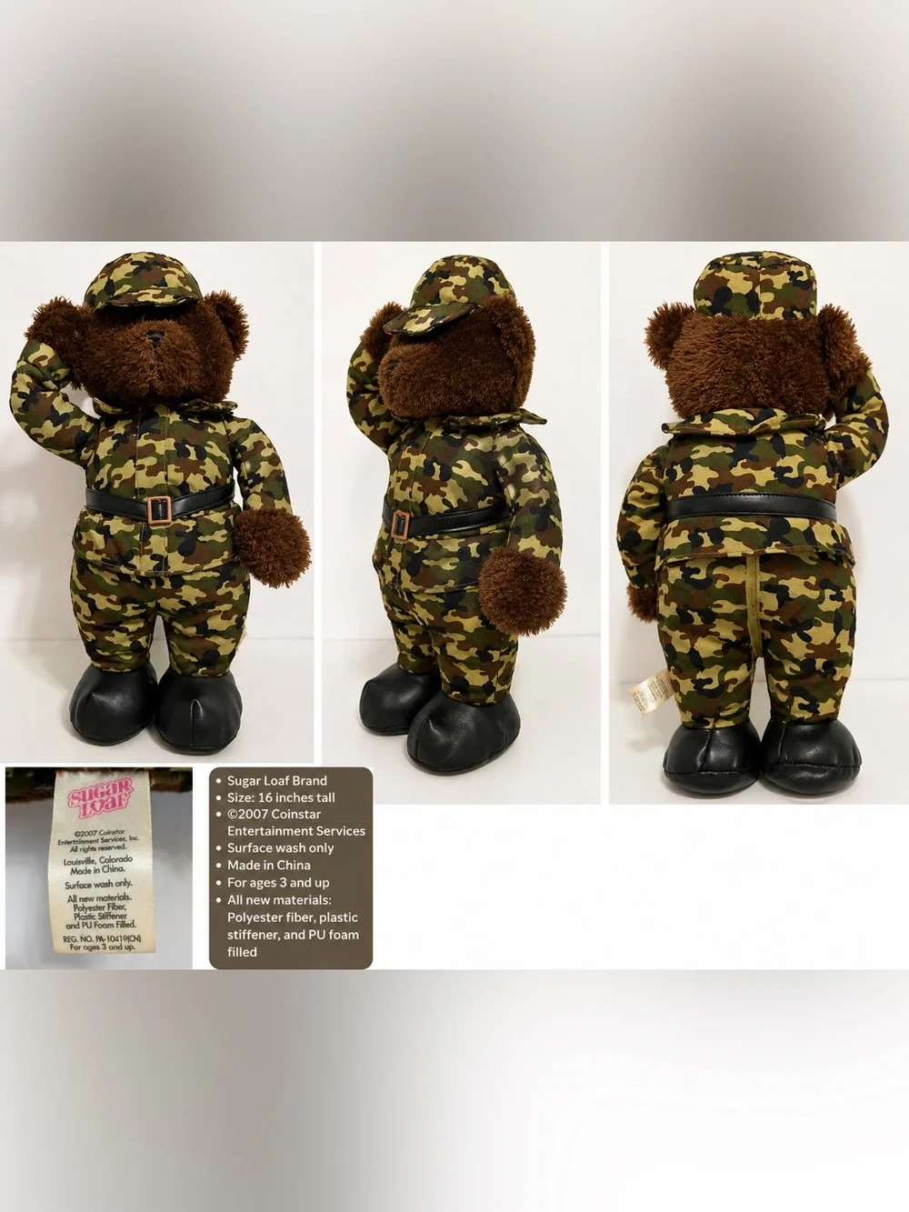 Sugar Loaf 16” Military Camo Teddy Bear Saluting Soldier 2007 Stuffed Animal